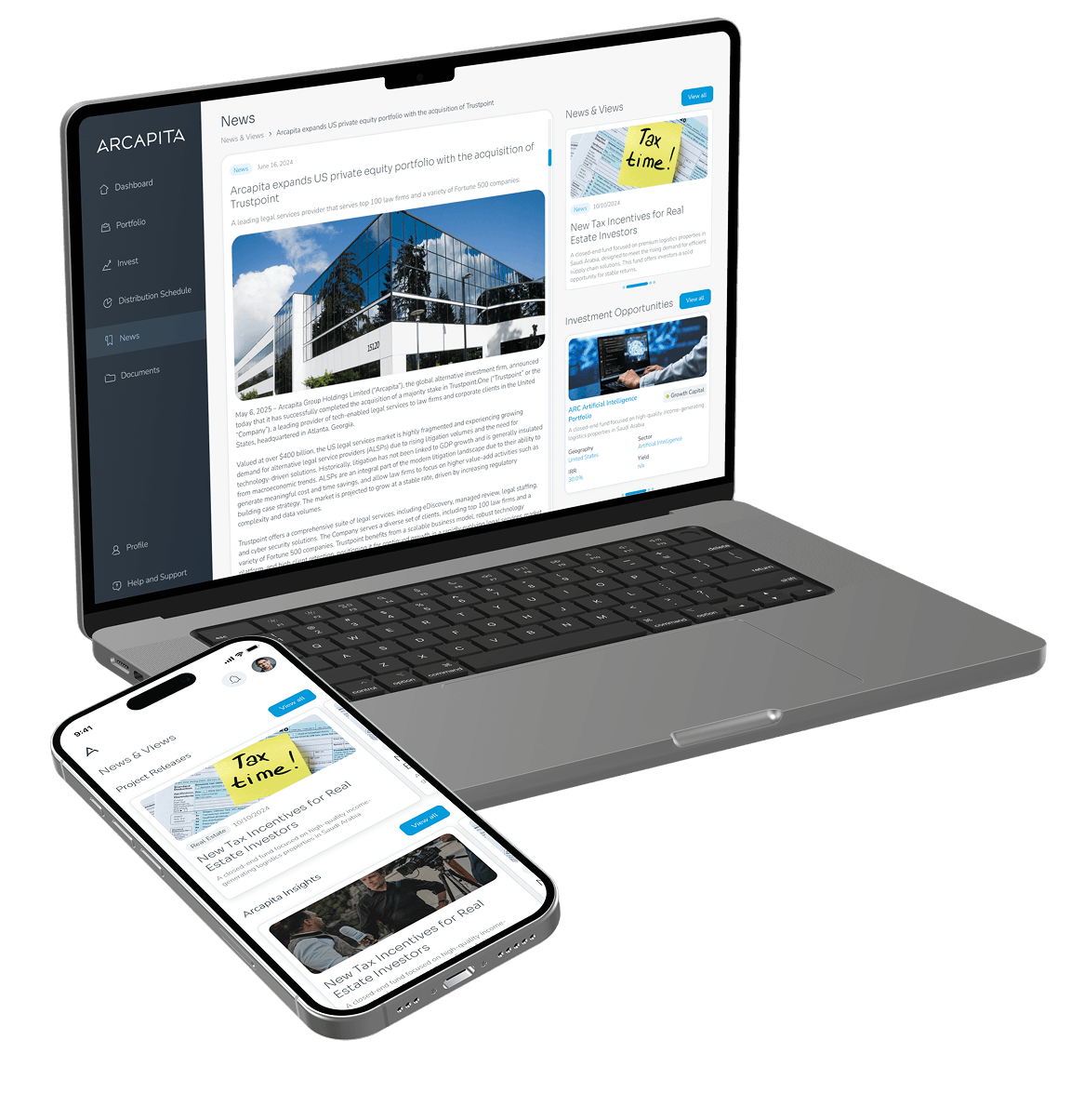 Arcapita web and mobile news screens